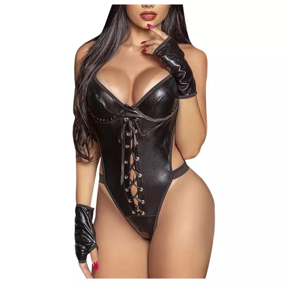 Women Leather V-Neck Strap Backless Lingerie - Picture 1 of 3